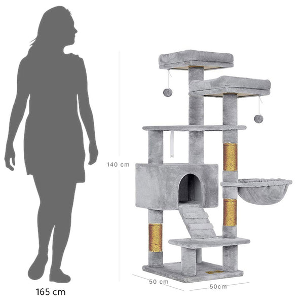 Arbre à chat de luxe en bois naturel – 140 cm-Gris