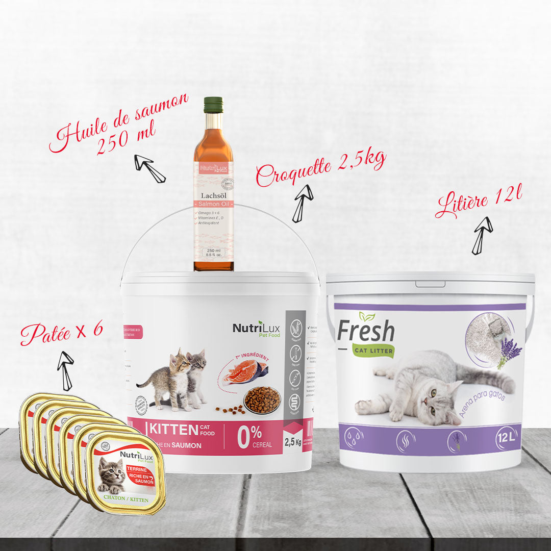 Pack Chatons All In One Nutrilux : croquettes, litière et pâtée pour le bien-être des chatons.