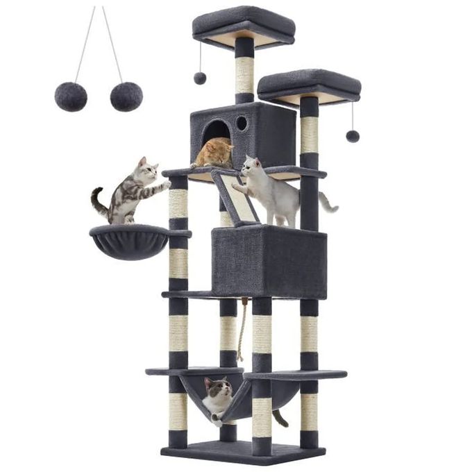 Arbre à chat hauteur de 170 cm, hamac, panier, 2 niches, 2 plate-formes, 2 pompons, Gris foncé