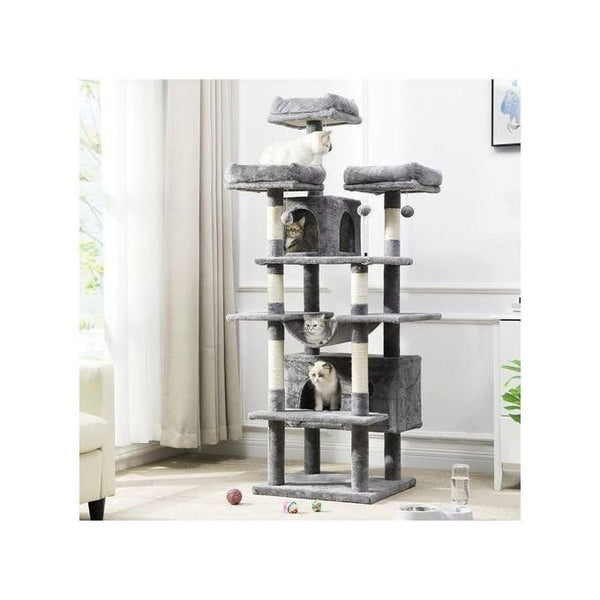 Grand arbre à chat de 170 cm, tour à plusieurs niveaux avec 3 perchoirs supérieurs, 2 condos en peluche, griffoirs