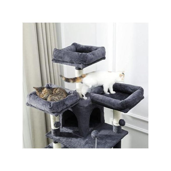 Grand arbre à chat de 170 cm, tour à plusieurs niveaux avec 3 perchoirs supérieurs, 2 condos en peluche, griffoirs
