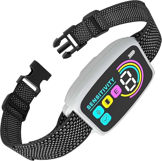 Collier Anti Aboiement Chien Automatique,Modes Vibration/Choc Statique/Son,8 Niveau d'intensité Réglables,Rechargeable pour Gros Petit Chiens,Blanc