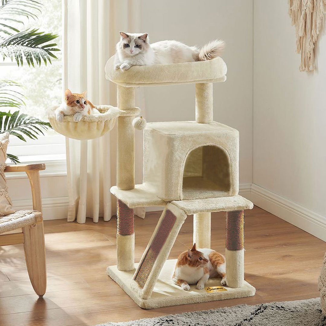 Animalux Arbre à chat 100 cm avec griffoir, hamac, plateformes et niche – Stable et compact