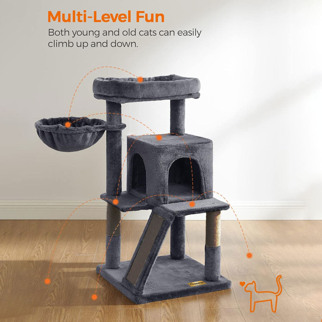 Animalux Arbre à chat 100 cm avec griffoir, hamac, plateformes et niche – Stable et compact