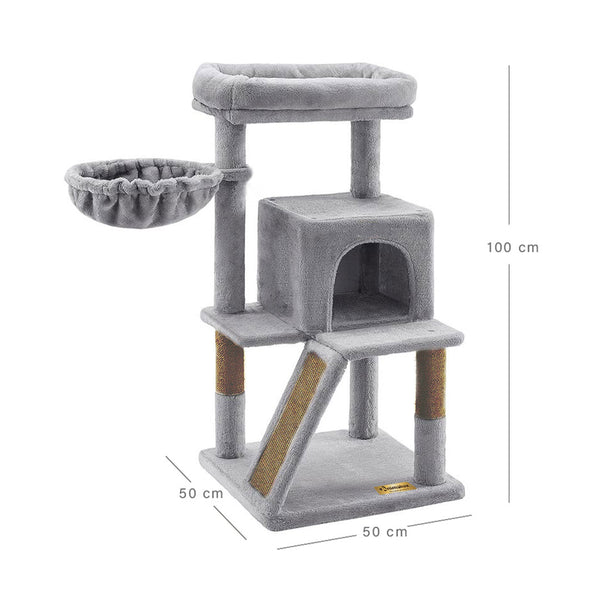 Animalux Arbre à chat 100 cm avec griffoir, hamac, plateformes et niche – Stable et compact
