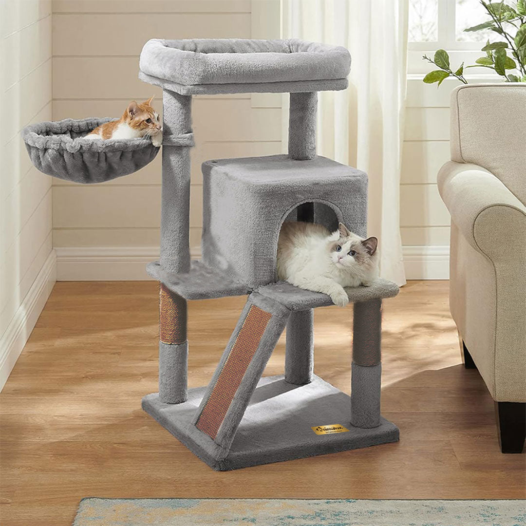 Animalux Arbre à chat 100 cm avec griffoir, hamac, plateformes et niche – Stable et compact