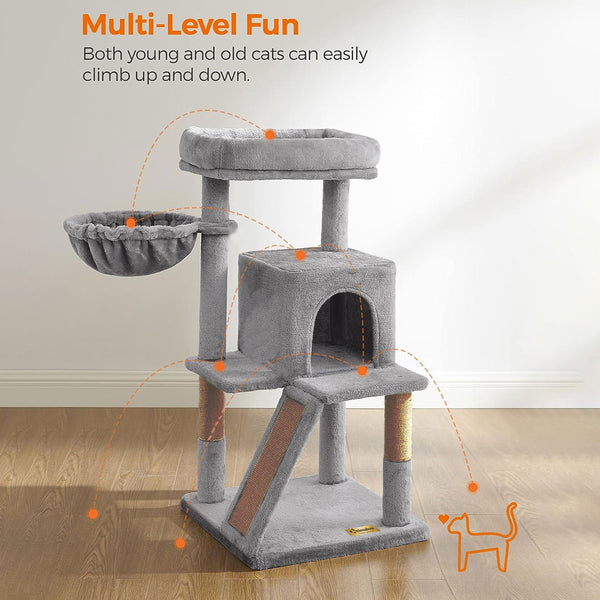 Animalux Arbre à chat 100 cm avec griffoir, hamac, plateformes et niche – Stable et compact