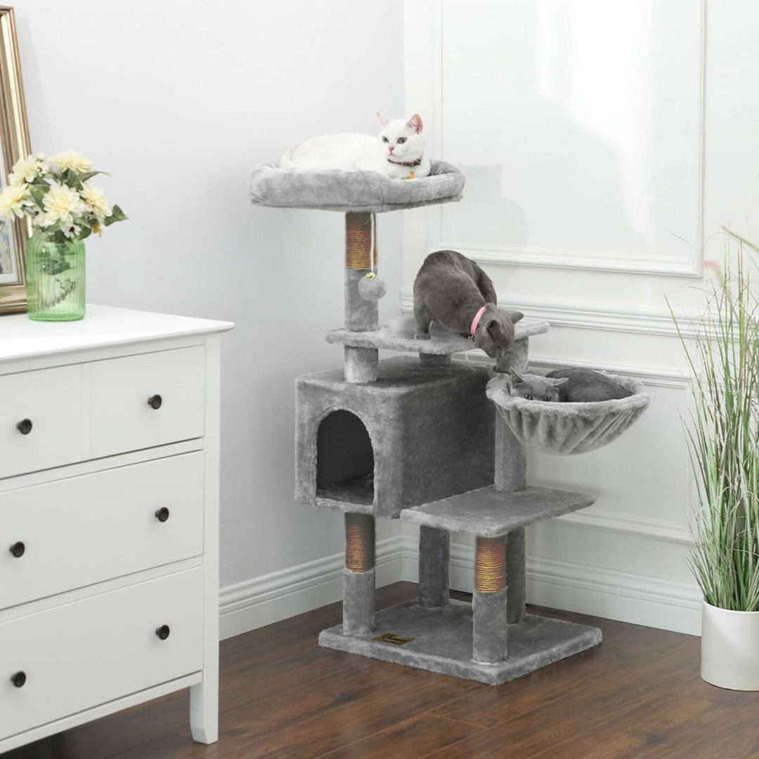 Animalux Arbre à chat 120 cm – Multi-niveaux, panier, niche, griffoir – Stable et sécurisé