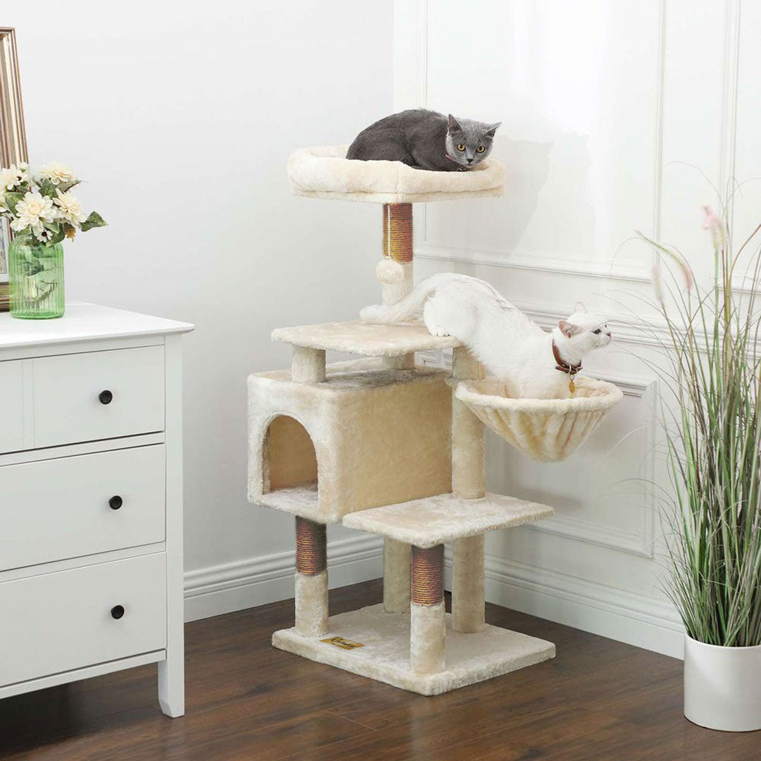 Animalux Arbre à chat 120 cm – Multi-niveaux, panier, niche, griffoir – Stable et sécurisé
