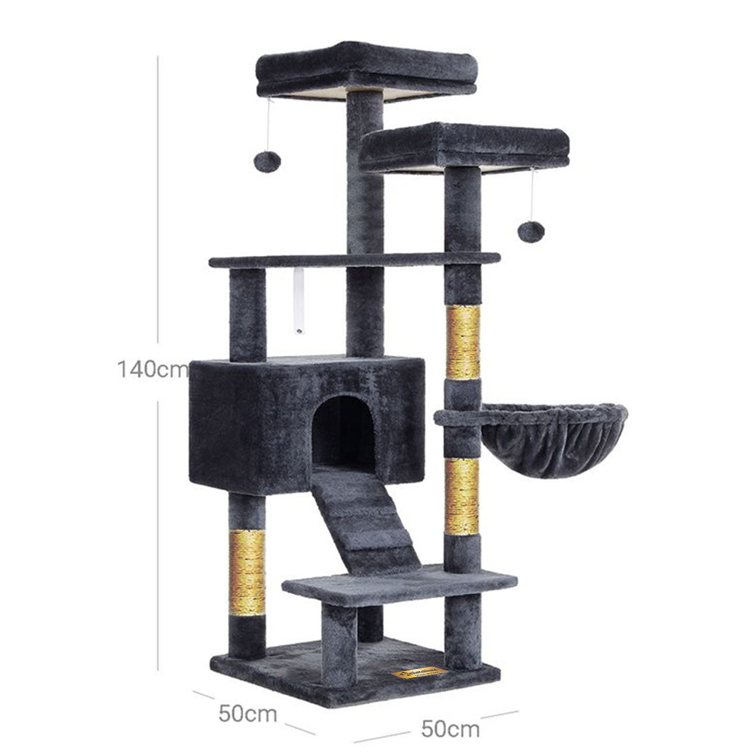 Animalux Arbre à chat 140 cm – 2 plateformes, hamac, niche, griffoirs et escalier multi-niveaux