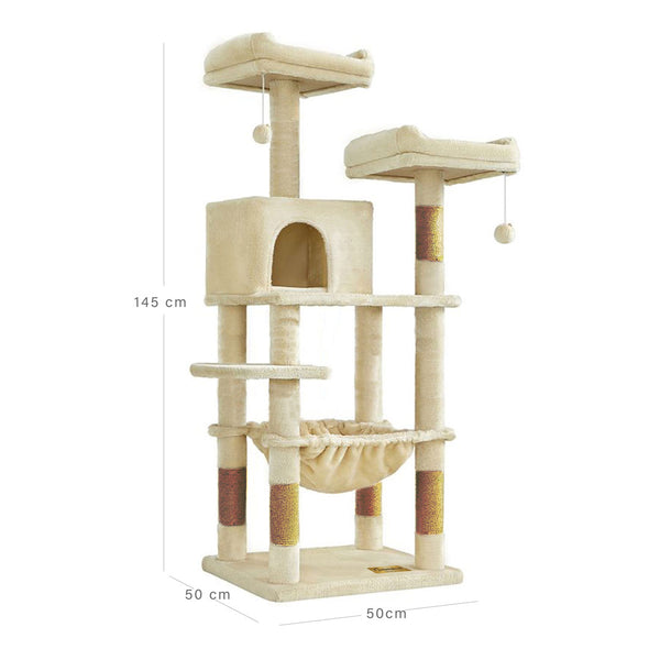 Animalux Arbre à chat 145 cm – Niche, hamac, 2 plateformes, griffoirs sisal et base renforcée