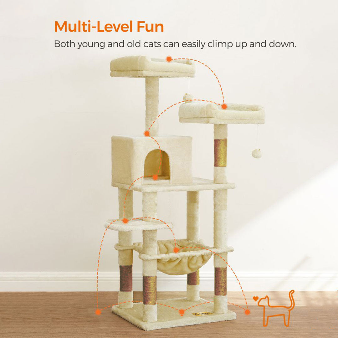 Animalux Arbre à chat 145 cm – Niche, hamac, 2 plateformes, griffoirs sisal et base renforcée