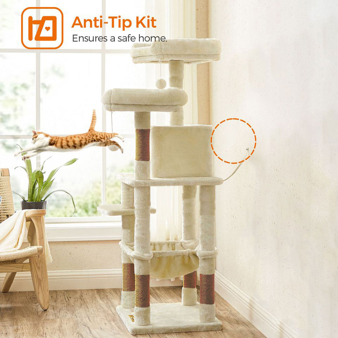Animalux Arbre à chat 145 cm – Niche, hamac, 2 plateformes, griffoirs sisal et base renforcée
