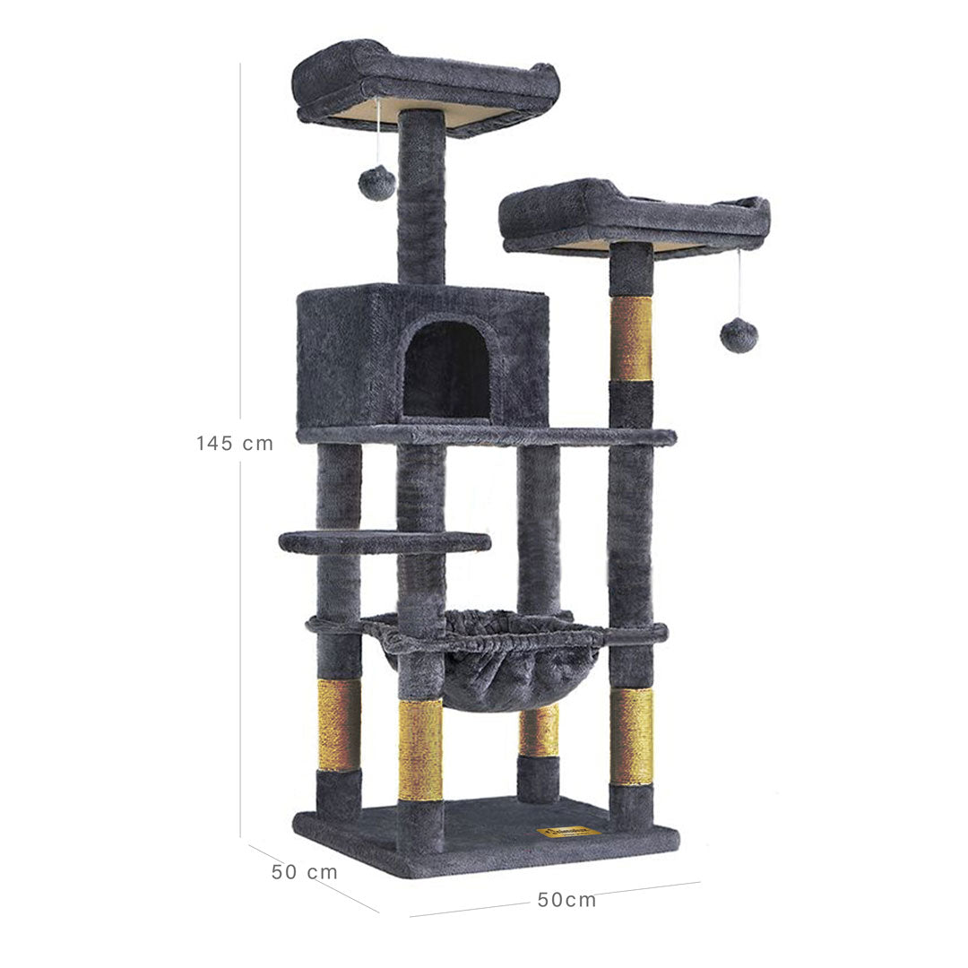 Animalux Arbre à chat 145 cm – Niche, hamac, 2 plateformes, griffoirs sisal et base renforcée