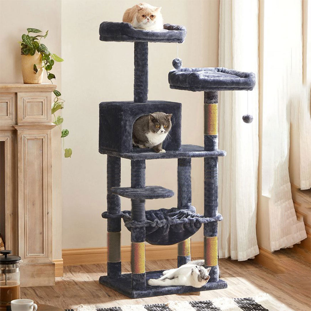 Animalux Arbre à chat 145 cm – Niche, hamac, 2 plateformes, griffoirs sisal et base renforcée