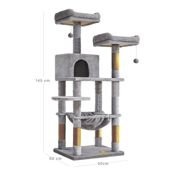 Animalux Arbre à chat 145 cm – Niche, hamac, 2 plateformes, griffoirs sisal et base renforcée