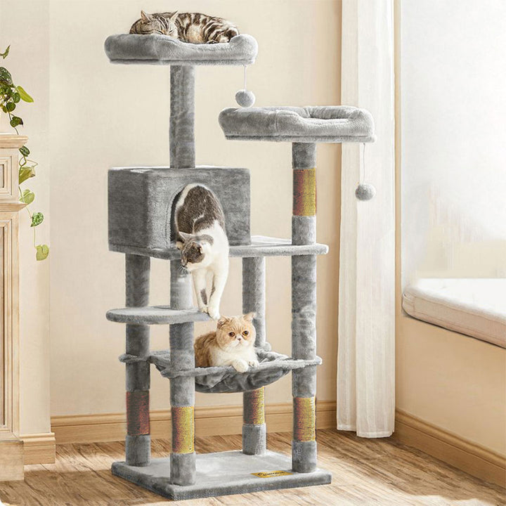 Animalux Arbre à chat 145 cm – Niche, hamac, 2 plateformes, griffoirs sisal et base renforcée