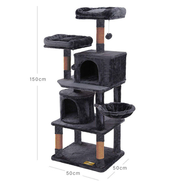 Animalux Arbre à chat 150 cm – Luxe, 2 niches, panier, perchoirs, griffoirs sisal et base renforcée