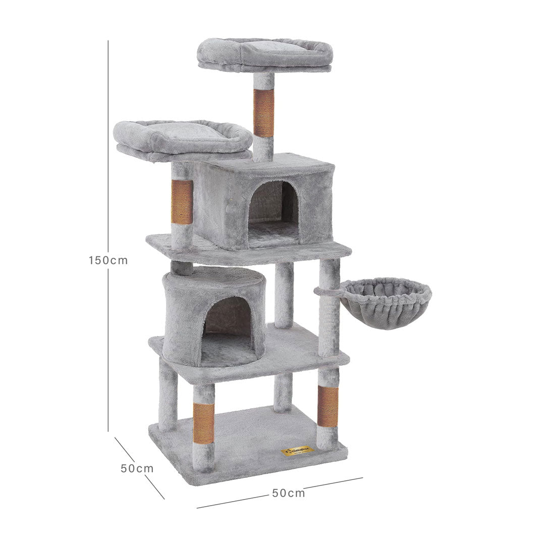 Animalux Arbre à chat 150 cm – Luxe, 2 niches, panier, perchoirs, griffoirs sisal et base renforcée