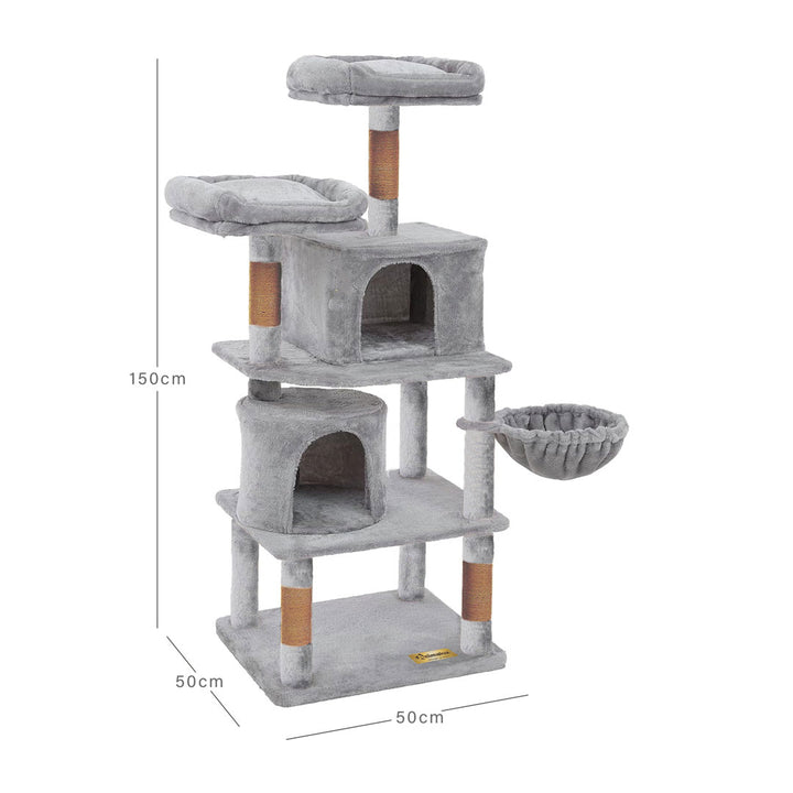 Animalux Arbre à chat 150 cm – Luxe, 2 niches, panier, perchoirs, griffoirs sisal et base renforcée