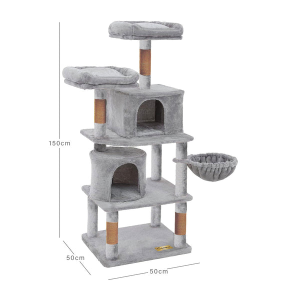 Animalux Arbre à chat 150 cm – Luxe, 2 niches, panier, perchoirs, griffoirs sisal et base renforcée