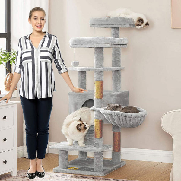 Arbre à chat de luxe en bois naturel – 140 cm-Gris