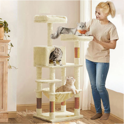 Arbre à chat de luxe en bois naturel – 145 cm-Beige