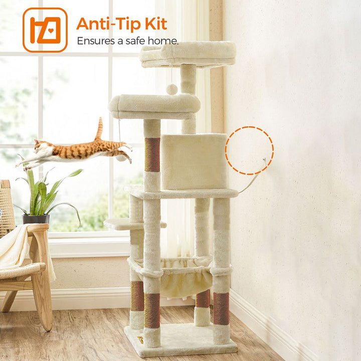 Arbre à chat de luxe en bois naturel – 145 cm-Beige