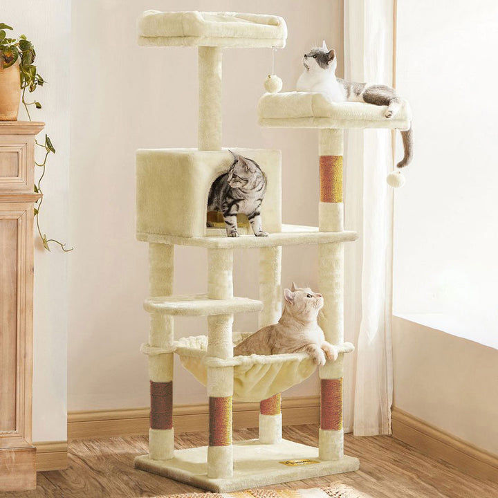 Arbre à chat de luxe en bois naturel – 145 cm-Beige