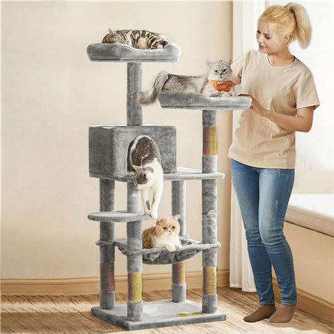 Arbre à chat de luxe en bois naturel – 145 cm-Gris