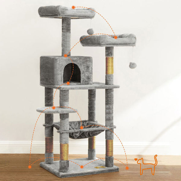 Arbre à chat de luxe en bois naturel – 145 cm-Gris