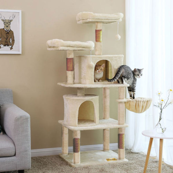 Animalux Arbre à chat 150 cm – Luxe, 2 niches, panier, perchoirs, griffoirs sisal et base renforcée