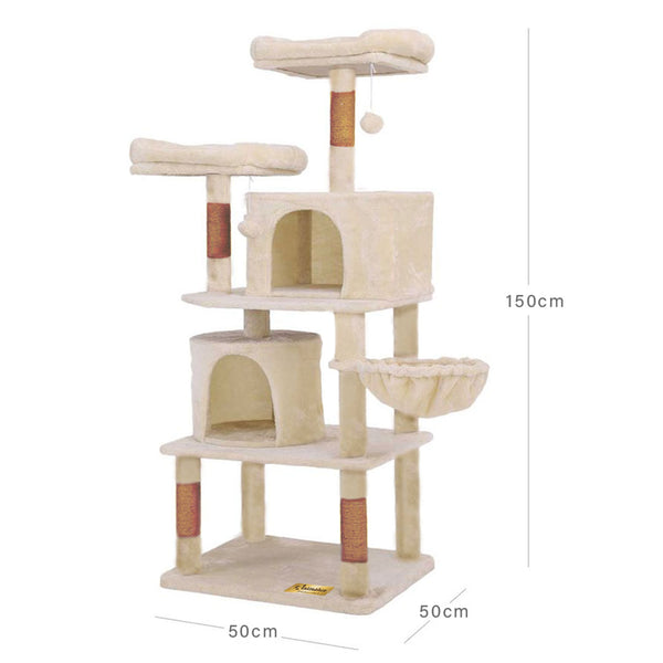 Animalux Arbre à chat 150 cm – Luxe, 2 niches, panier, perchoirs, griffoirs sisal et base renforcée