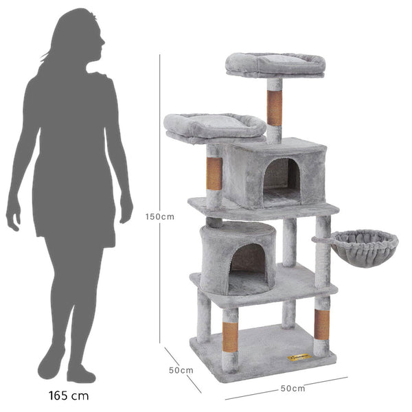 Animalux Arbre à chat 150 cm – Luxe, 2 niches, panier, perchoirs, griffoirs sisal et base renforcée