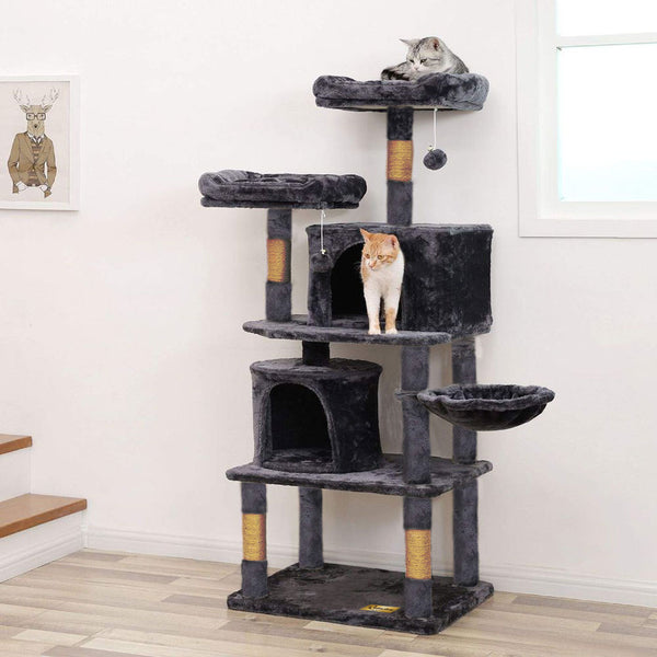 Animalux Arbre à chat 150 cm – Luxe, 2 niches, panier, perchoirs, griffoirs sisal et base renforcée