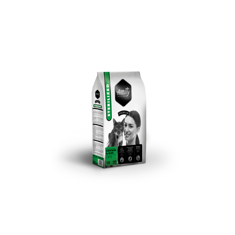 Sac 1.5kg Amity Croquette Chat Stérile poulet et riz, alimentation premium disponible en livraison partout au Maroc.